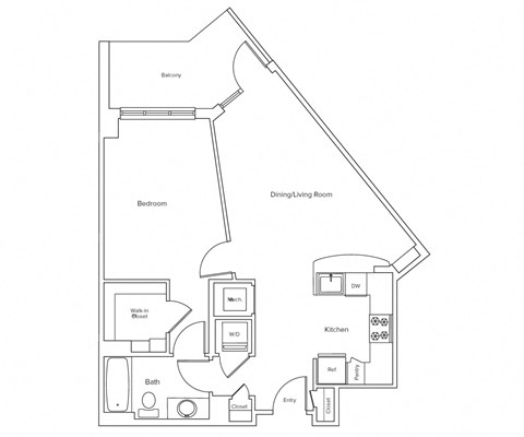 Floor plan for 1 bed, 1 bath, 752 sqft
